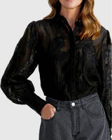 Black Aurora shirt featuring sheer crane-embroidered fabric, long puffy sleeves with wide cuffs, and a concealed placket.