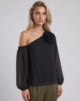 Black one-shoulder viscose top featuring a sculptural floral appliqué and a voluminous long sleeve with gathered detail.