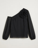 Black one-shoulder viscose top featuring a large sculptural floral appliqué and sheer, voluminous long sleeves.