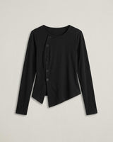 Black cotton-blend long-sleeve top featuring an asymmetric button-down front and a unique cut hem.