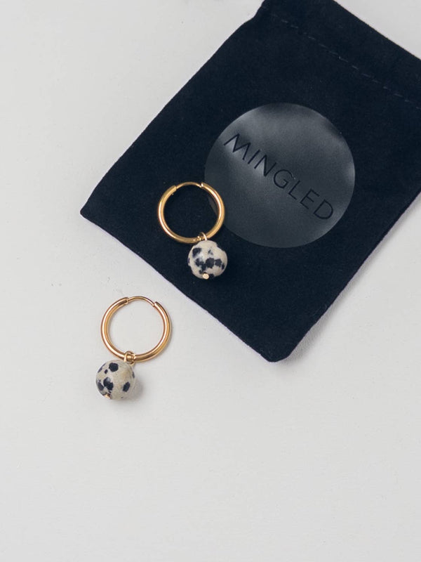 Gold Huggie Earrings with Removable Dalmation Jasper Charm