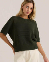 Olive green cotton knitted tee with a round neckline, short sleeves, and textured yoke detail.
