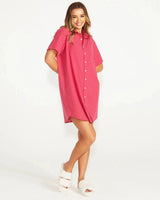 Christabel cotton night shirt in pink and magenta pinstripe with a button-through front and short sleeves.