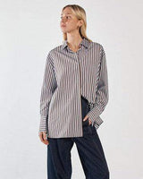 Relaxed-fit Claudia stripe shirt in cotton-nylon blend with dropped shoulders, wide cuffs, and concealed placket.