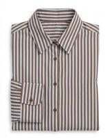 Relaxed-fit cotton blend shirt in a brown and blue stripe pattern with a button-down collar and wide cuffs.