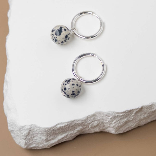 Silver Huggie Earrings with Dalmation Jasper Charm