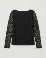 Black Effie mesh top with a boat neckline, long sheer sleeves, and a lined body featuring a flocked floral pattern.