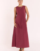 Wine-colored Eleanor maxi dress in cotton-linen blend with a round neckline, tank-style bodice, and side split.