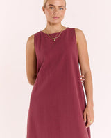 Wine-colored Eleanor maxi dress in a cotton-linen blend featuring a sleeveless tank-style cut and round neckline.