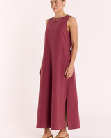 Wine-colored cotton-linen maxi dress with a round neckline, tank-style bodice, and side split hem.
