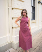Wine-colored Eleanor maxi dress in cotton-linen blend featuring a round neckline, tank-style bodice, and side split.
