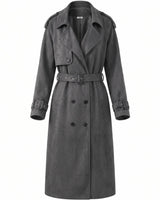 Charcoal grey suede trench coat with a double-breasted button front, belted waist, and shoulder epaulets.