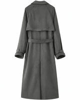 Back view of a charcoal grey suede trench coat with a belted waist, storm flap, and cuffed sleeves.