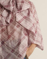 Orchid pink plaid pussybow blouse with a relaxed silhouette and elegant neck tie detail.