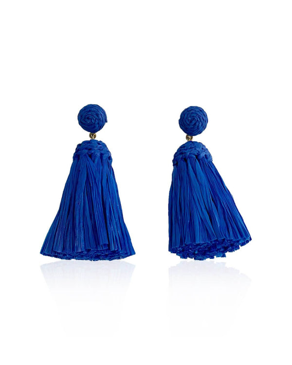 Blue Raffia Tassel Earrings