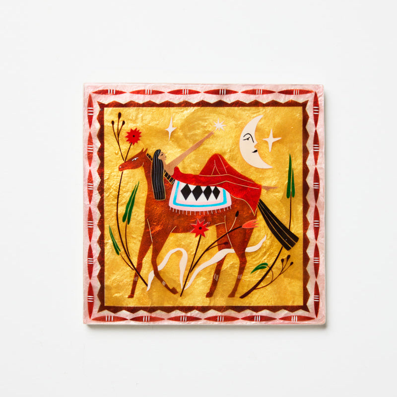 Decorative wall art with a horse and geometric patterns on a yellow background