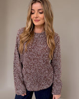 Woman wearing a relaxed-fit, multi-colored brown and white knit sweater with a classic neckline and ribbed detailing.