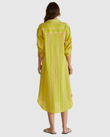 Back view of a lime green and pink striped Hayman shirt dress with a relaxed fit and midi length.
