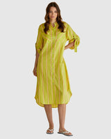 Lime green shirt dress with pink vertical stripes, button front, chest pockets, and D-ring sleeve tabs.