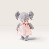 House of Holabox Alimrose Baby Elsie Elephant soft toy in grey stretch cotton wearing a pink striped dress