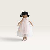House of Holabox Alimrose Lulu doll with black hair buns in a pink linen and tulle dress with matching ballet shoes