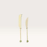 House of Holabox Amalia set of two stainless steel cheese knives with decorative twisted handles and olive resin ends