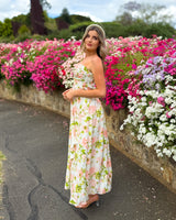 House of Holabox Beccy strapless maxi dress with pink floral print, sweetheart neckline, and gathered bodice