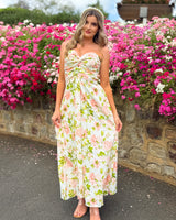 House of Holabox Beccy strapless maxi dress with pink floral print, sweetheart neckline, and gathered bodice
