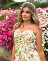 House of Holabox Beccy strapless maxi dress with pink floral print, sweetheart neckline, and gathered bodice detail.