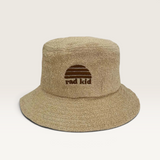 House of Holabox Banabae beige cotton terry towelling bucket hat with brown embroidered Rad Kid sun logo