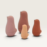 House of Holabox Little Drop Birdie Bundle nesting set featuring four smooth, BPA-free silicone bird toys in earth tones