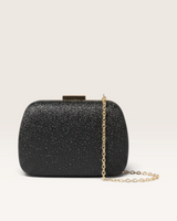 House of Holabox black glitter evening clutch with a gold chain strap and secure buckle closure