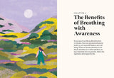 House of Holabox Breathe book page showing a colorful landscape illustration and text about mindful breathing