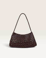 House of Holabox brown woven shoulder bag in soft PU with a braided handle and textured design.