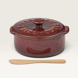 House of Holabox burgundy ceramic brie baker with lid and wooden spreader for serving warm cheese