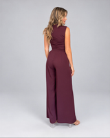 House of Holabox Jasmine jumpsuit in cherry chocolate featuring a sleeveless back view on a model