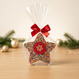 House of Holabox Chocamama milk chocolate star covered in colourful sprinkles with a red bow, festive gift packaging.