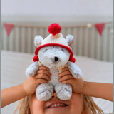 House of Holabox and the little dog laughed Christmas Alfred bear toy with corduroy ears and a red pom pom hat