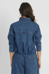 House of Holabox Cleo Denim Cropped Jacket with leopard print pattern, cotton fabric, elasticated hem.