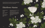House of Holabox Cocktails Botanica book page showing an Elderflower Martini recipe with floral illustrations