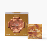 House of Holabox Known Stranger Cocoa Chai tea box and individual sachet with gold and brown floral packaging design