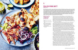 House of Holabox The Curry Guy BBQ cookbook page featuring a recipe for pulled pork butt with grilled meat photos.