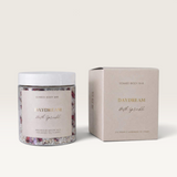 House of Holabox Soaked Body Bar Daydream bath sprinkle in a clear jar and matching beige box with organic botanicals.