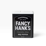 House of Holabox Fancy Hank's BBQ Pepper seasoning in a 90g black tin with white text, ideal for meat rubs.