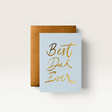 House of Holabox light blue Father's Day card with gold foil Best Dad Ever lettering and a metallic bronze envelope.