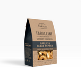 House of Holabox Tarallini garlic and black pepper vegan savoury crackers in a 125g brown paper snack bag.