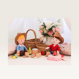 House of Holabox George the Farmer and Ruby cuddle dolls having a picnic with wooden toy food and tea set