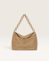 House of Holabox Reverie metallic gold beaded chain bag with a chunky gold link handle for evening wear.