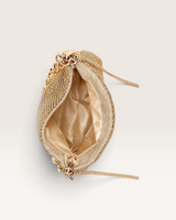 House of Holabox Reverie gold metallic beaded chain bag with open interior and soft lining