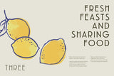 House of Holabox Greek Odysea cookbook page featuring yellow lemon illustrations and Fresh Feasts chapter title